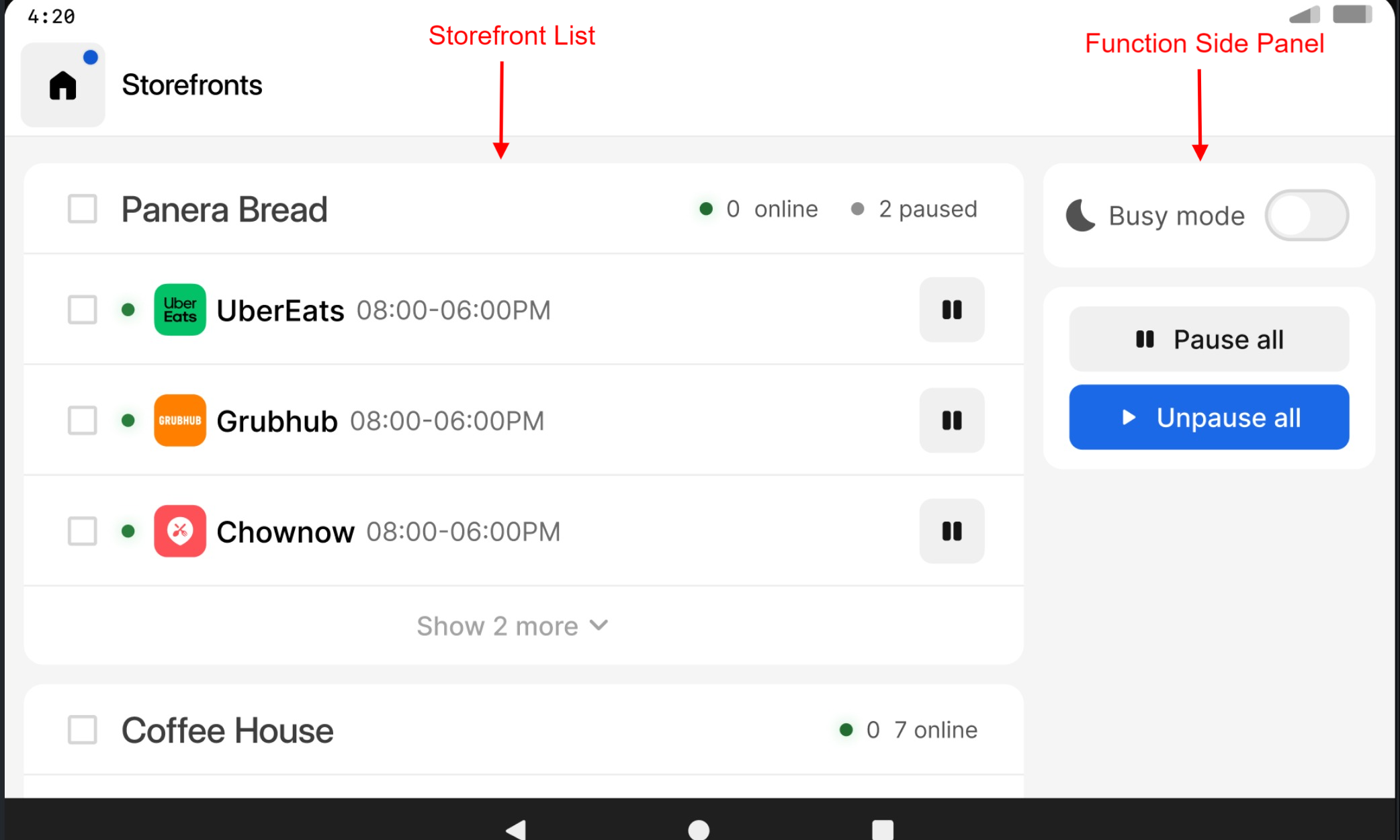 Storefront List and Side Panel