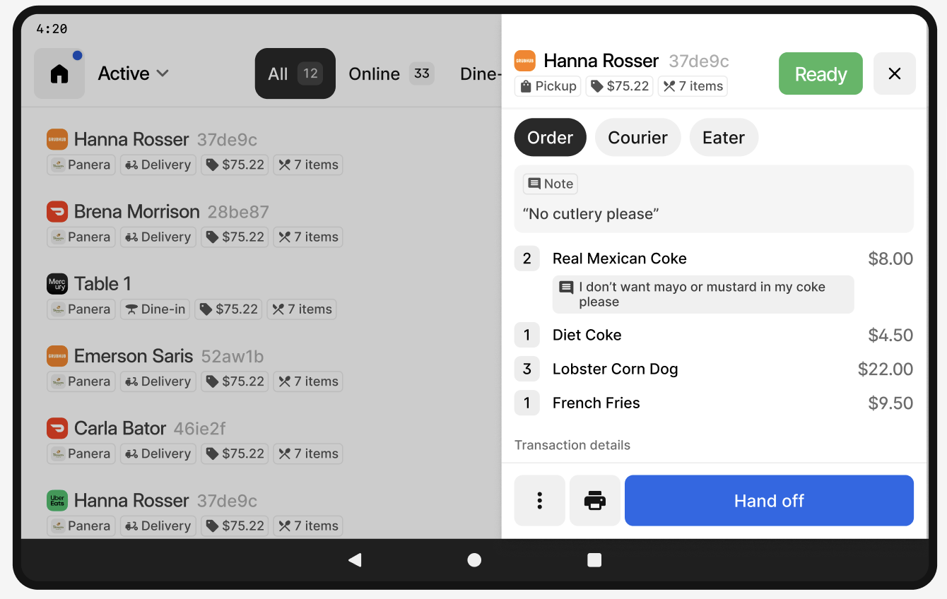 Order details in list view