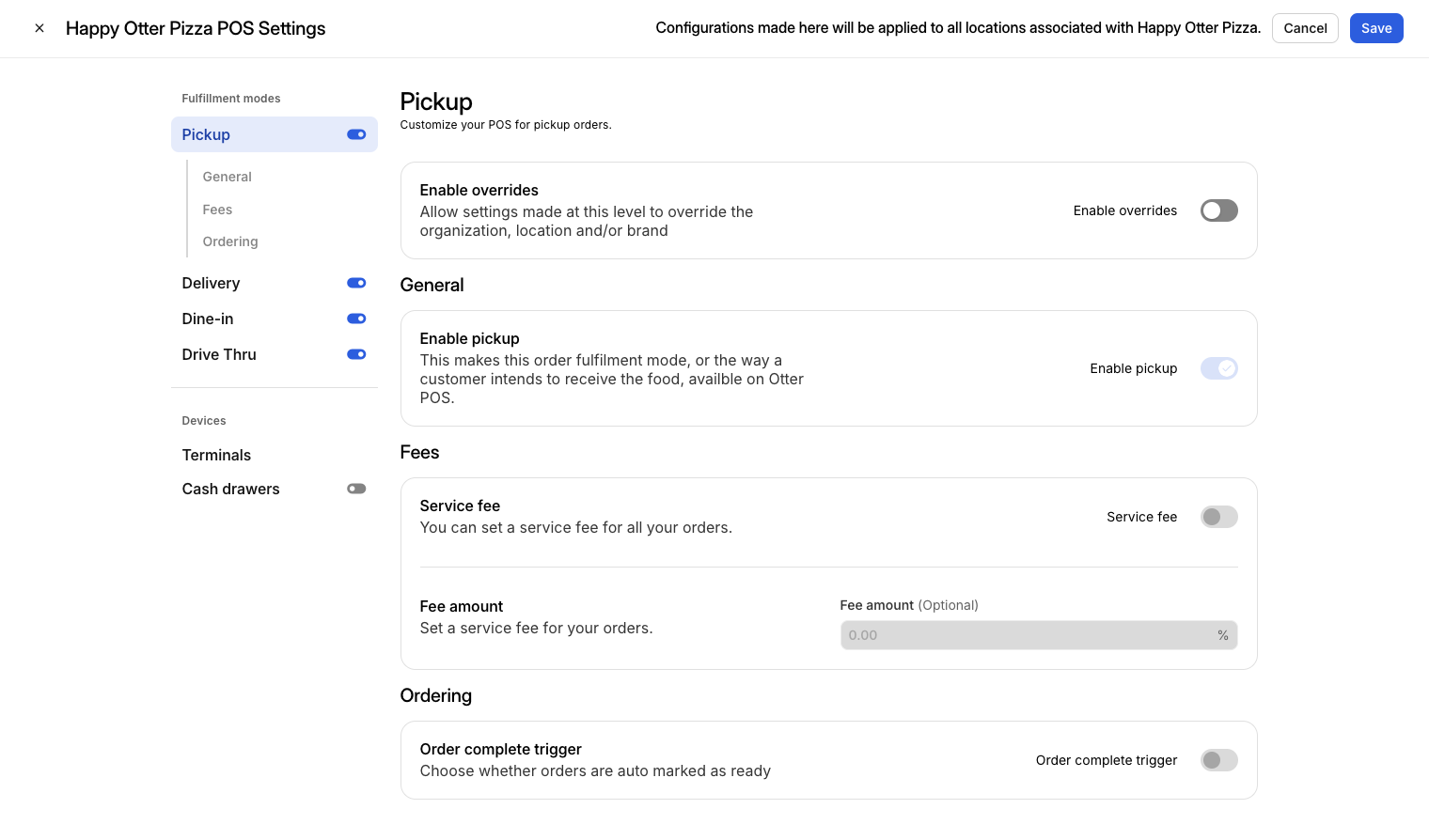 Fulfillment Mode Settings for Otter POS
