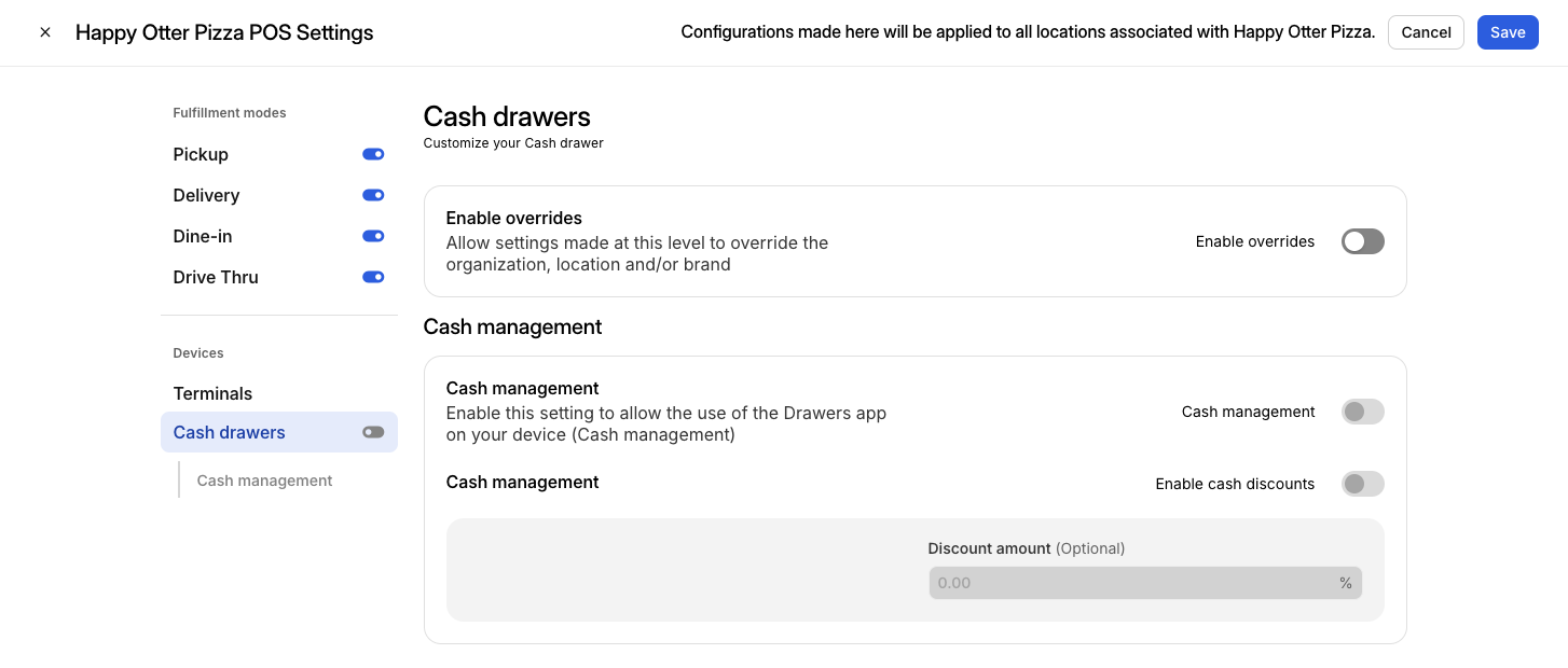 Cash Drawers Settings for Otter POS