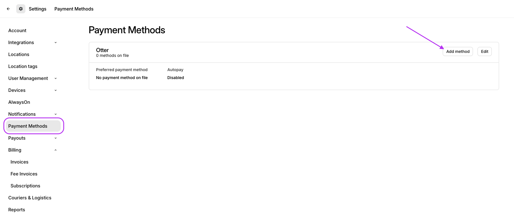 Payment Method tab Add Payment