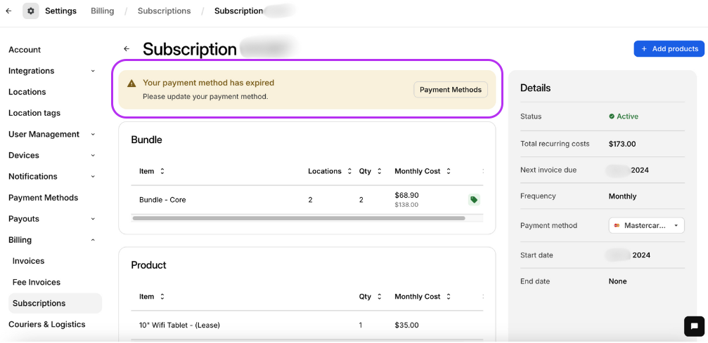 Subscription Details page Expired Notification