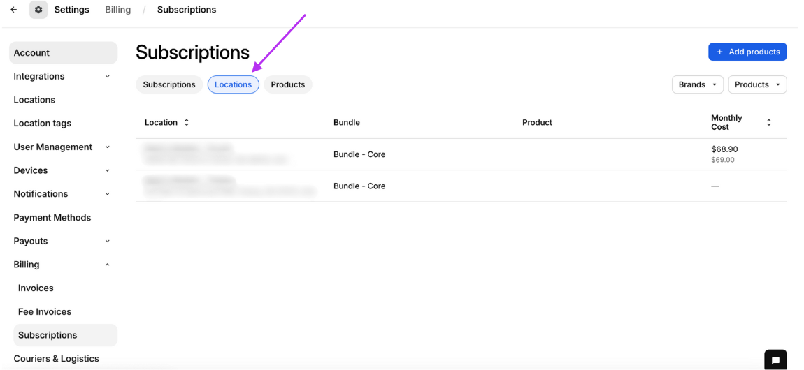 Subscriptions Locations Button
