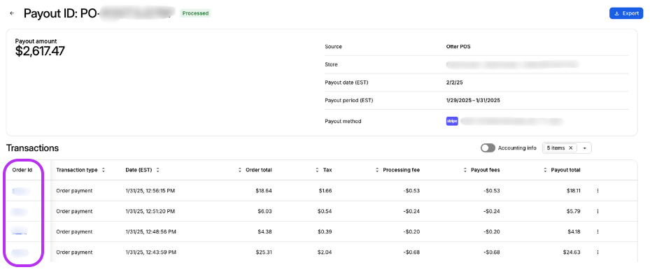 Payout Transaction Order ID