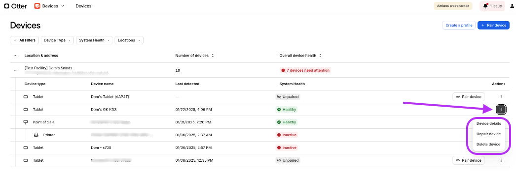 Device Action Options