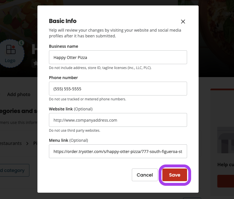 Save Yelp Menu Link