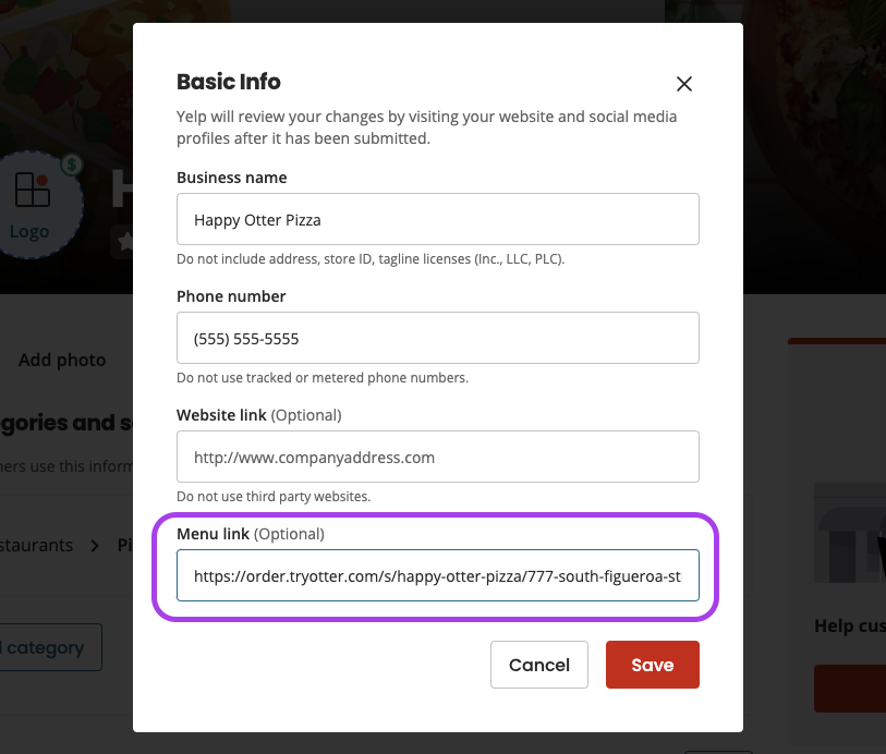 Yelp Menu Link