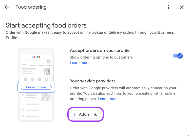 Food ordering service provider link