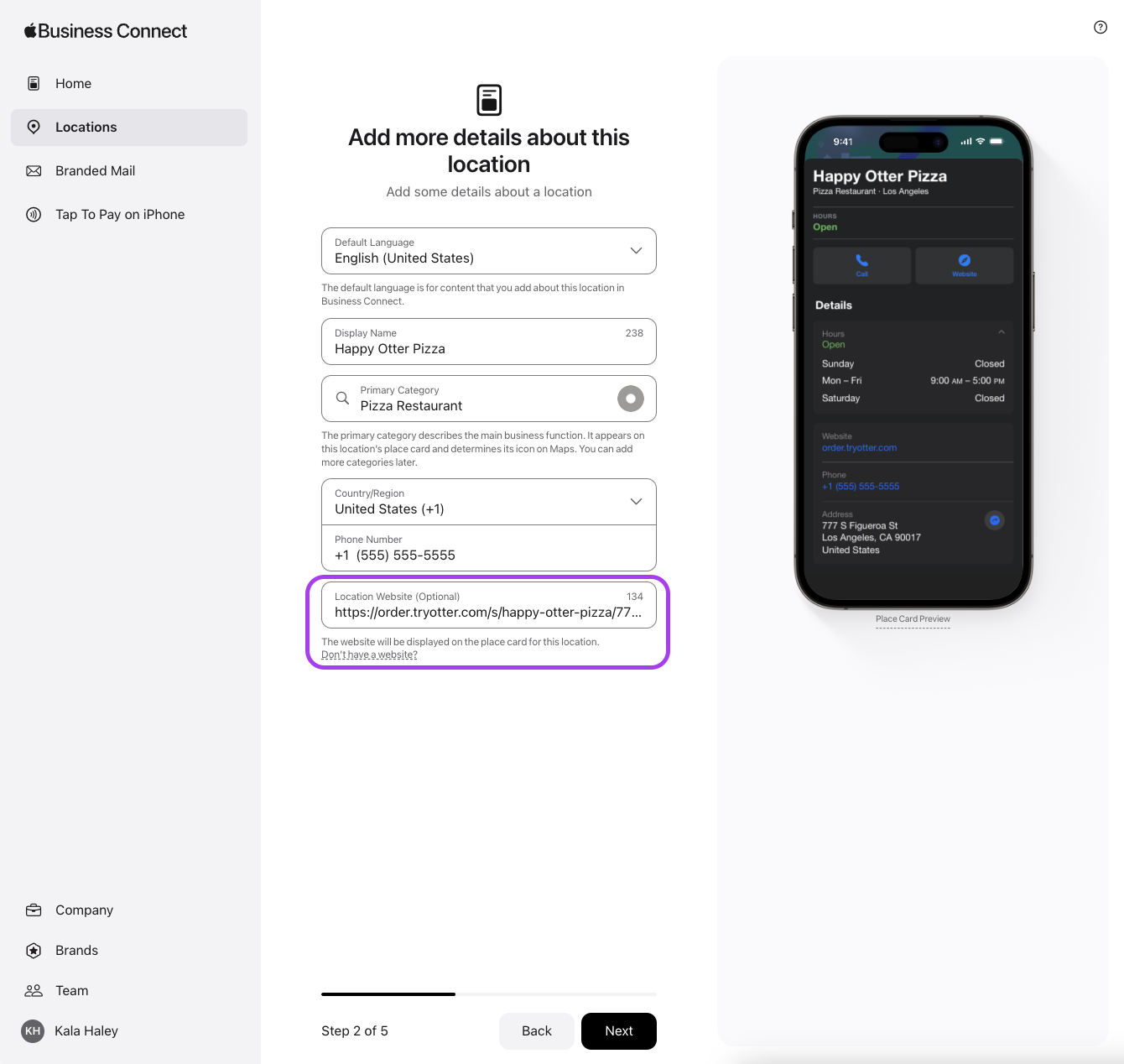 Add Online Ordering URL to Location Website field
