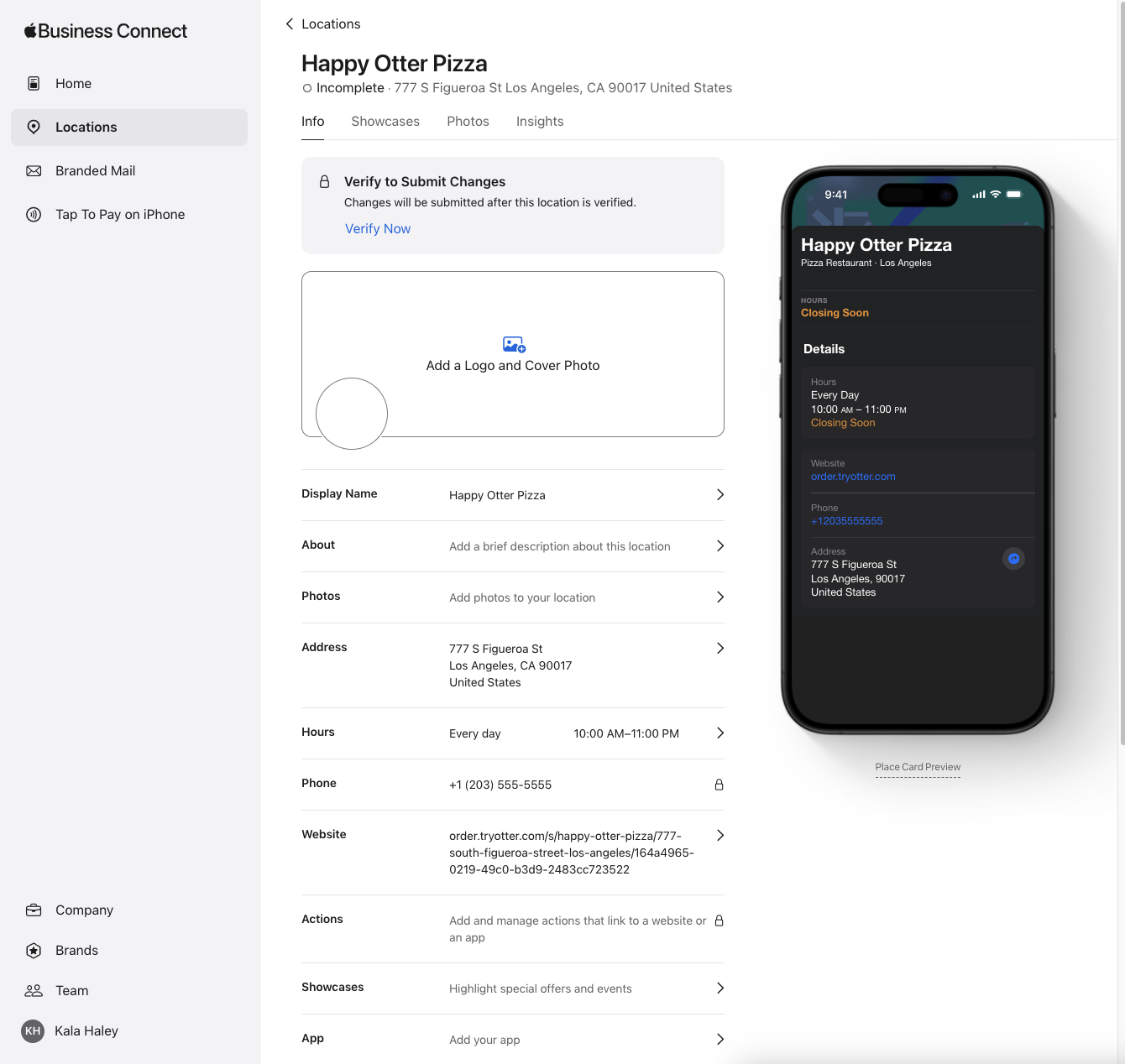 Location Information in Apple Business Connect