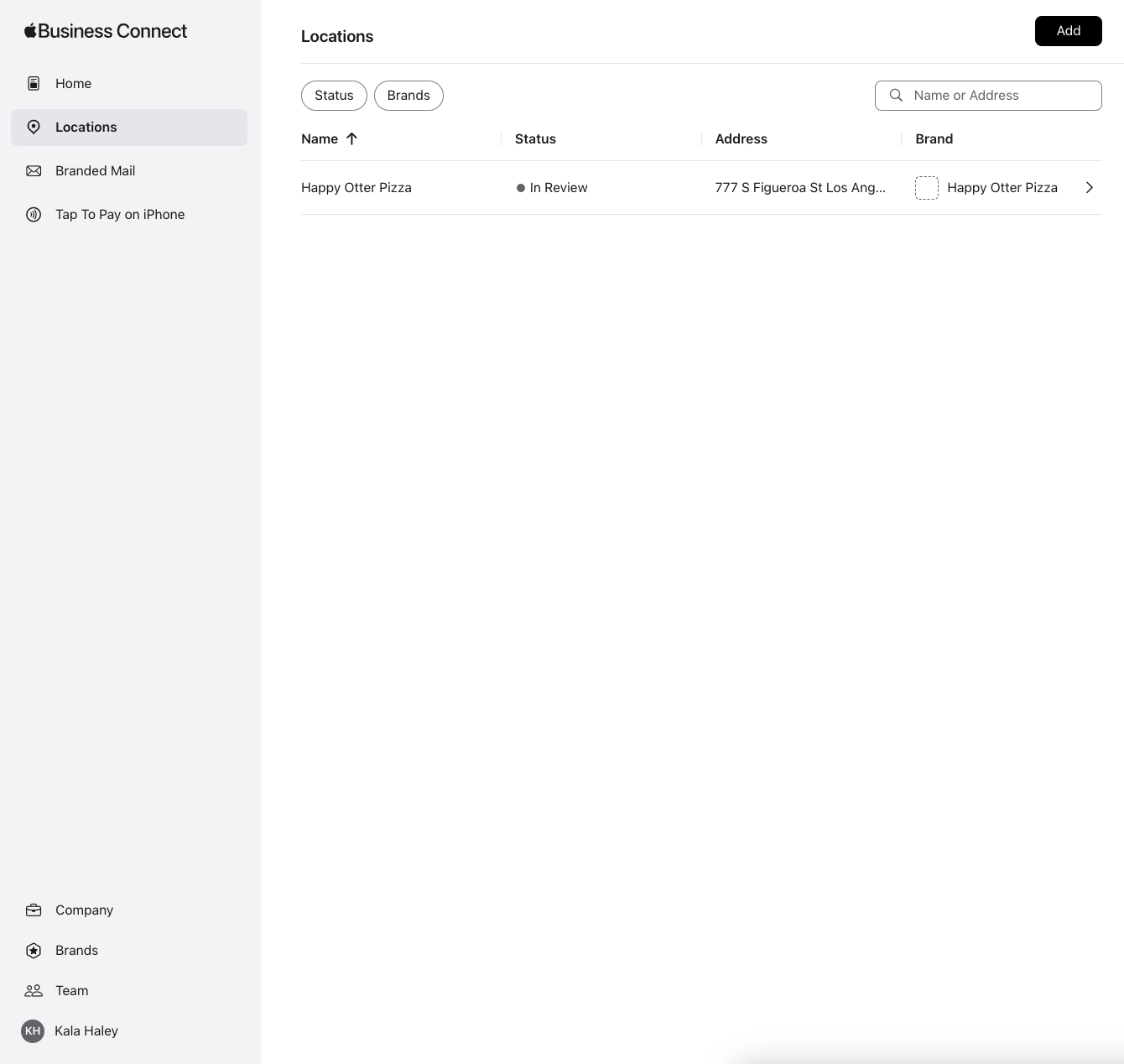 Locations list in Apple Business Connect account