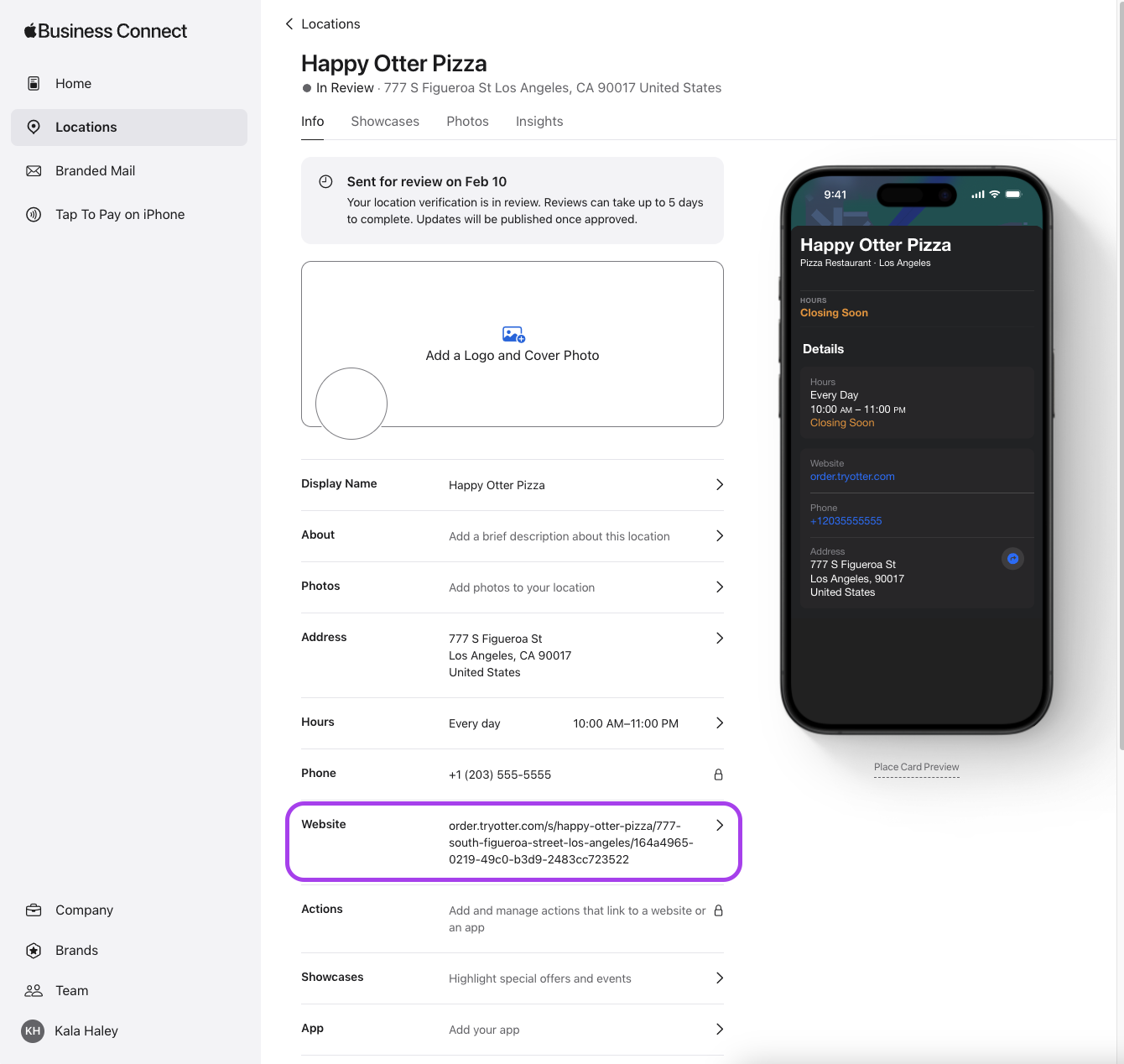 Location Website field in Apple Business Connect