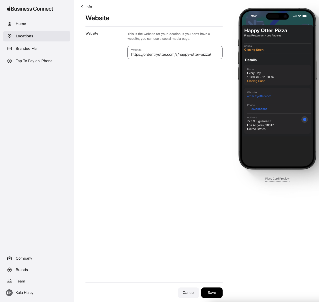 Add the Online Ordering URL to the [Website] field