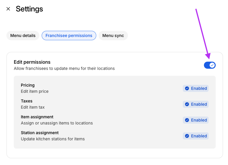 Toggle Franchisee Permissions