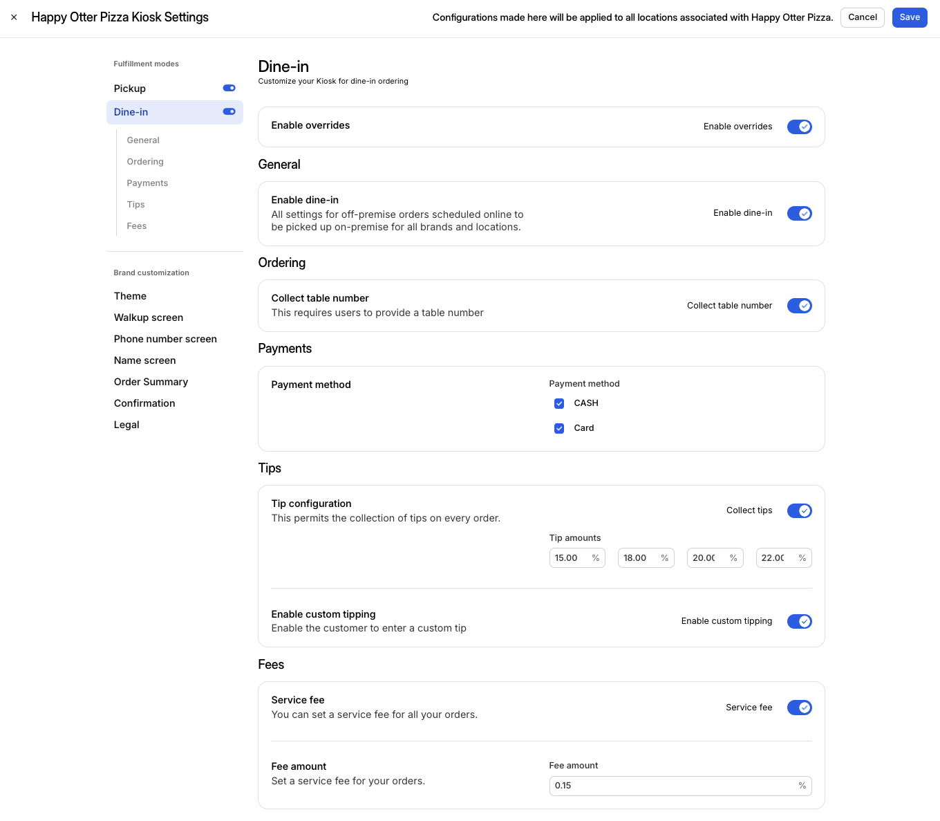 Dine-in Kiosk Settings