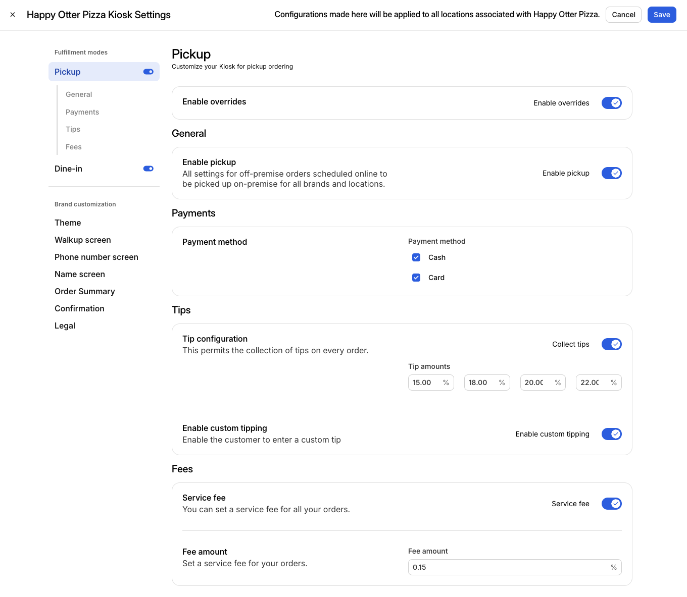 Pickup Kiosk Settings