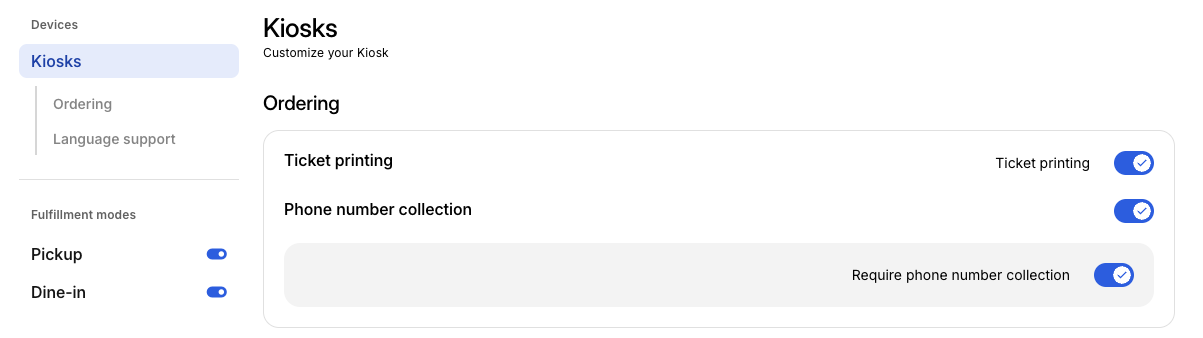 Ordering | Devices Kiosk Settings