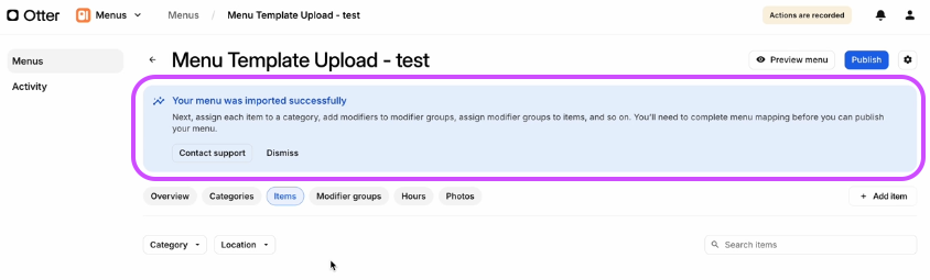 Excel Upload Menu Creation Success