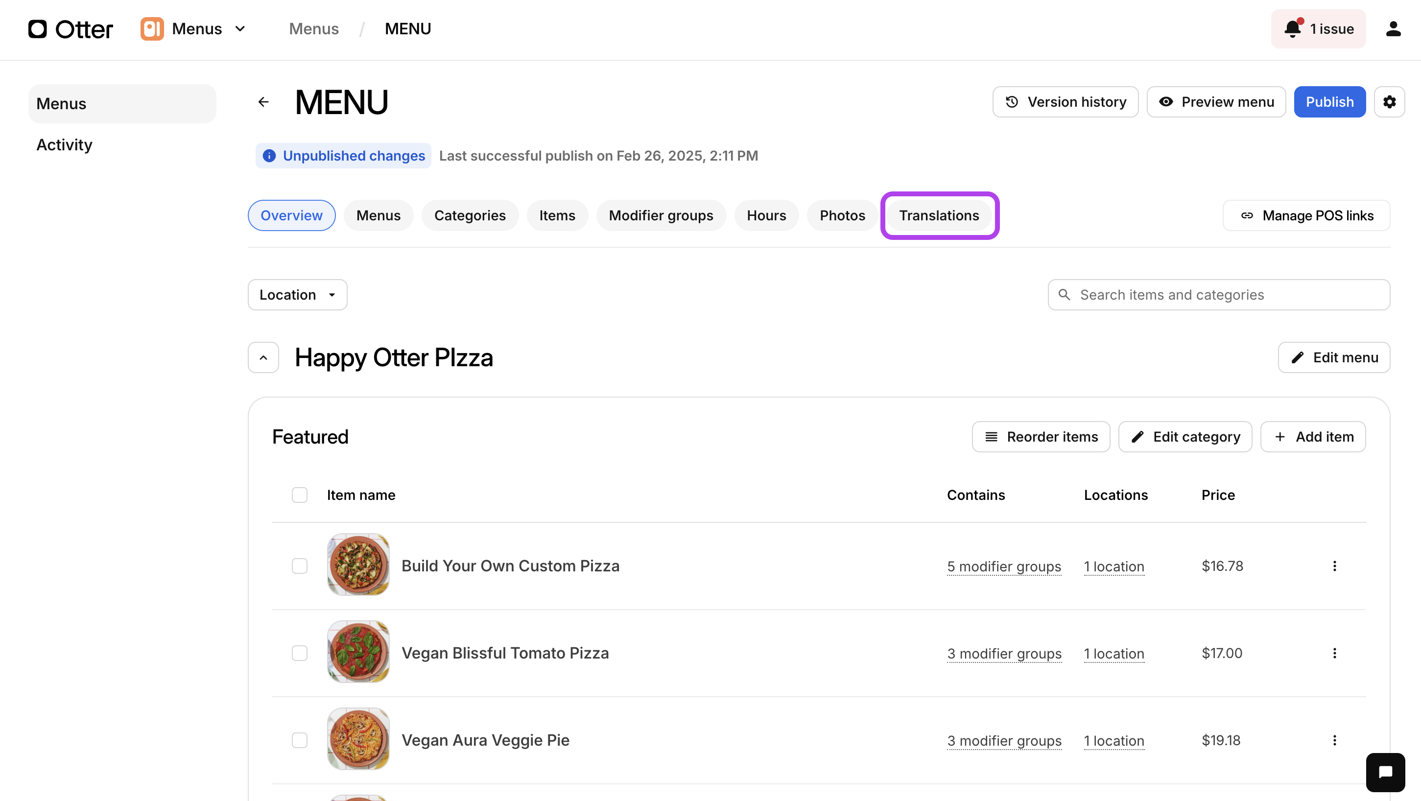Menu Translations Tab