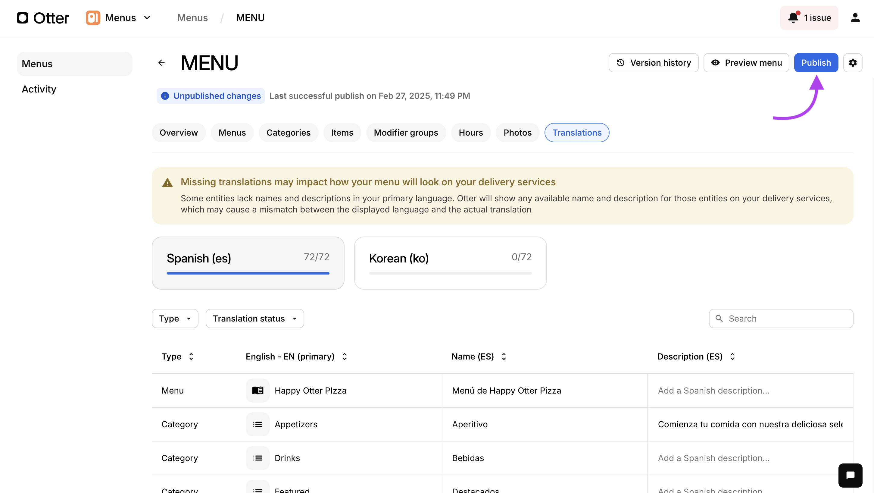 Publish Menu Translations