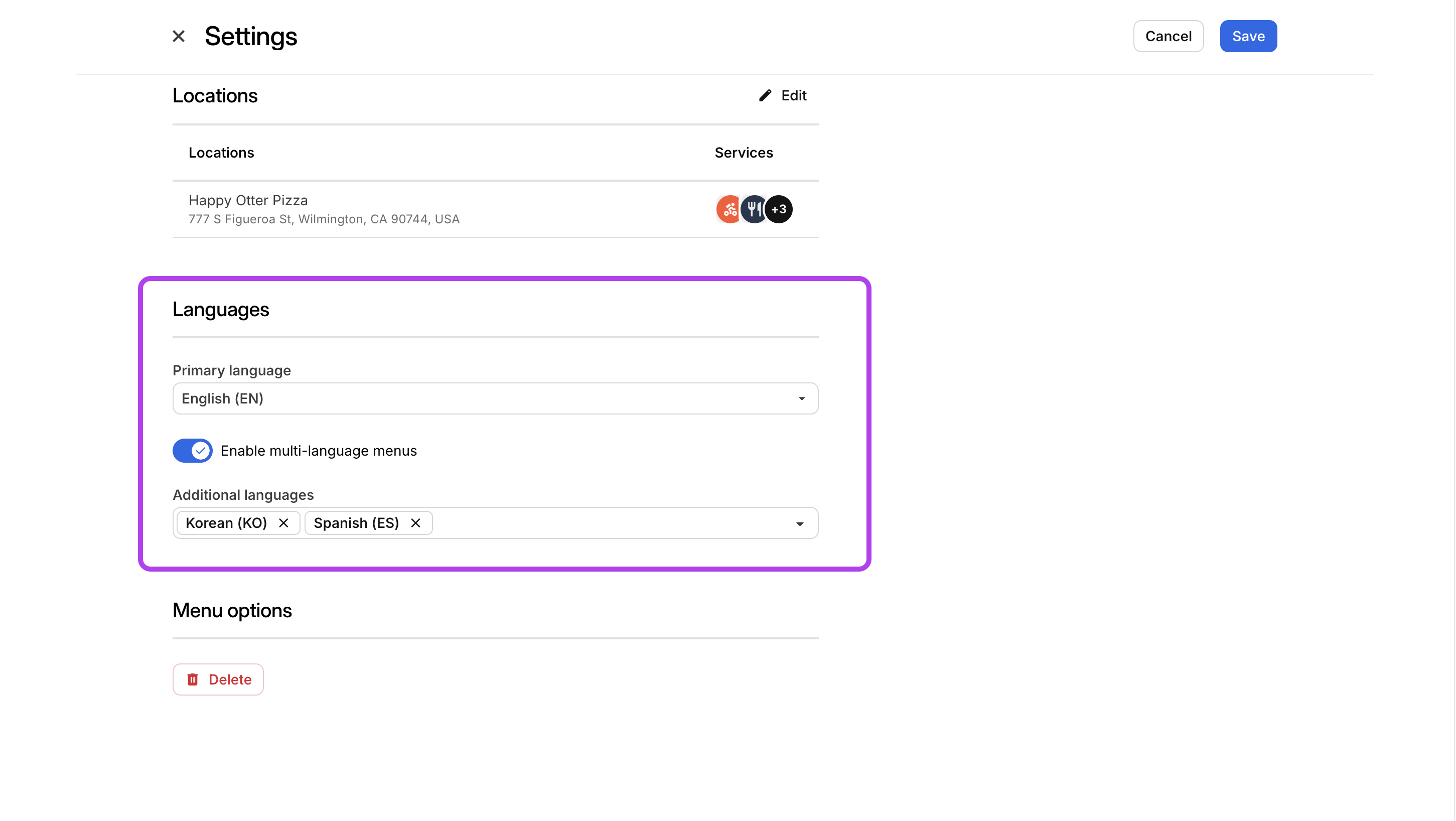Languages Menu Settings