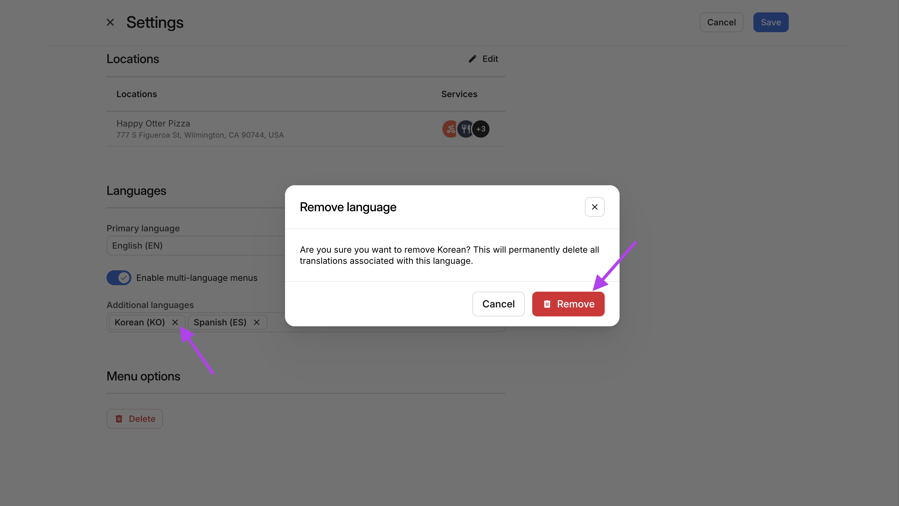 Single menu language removal