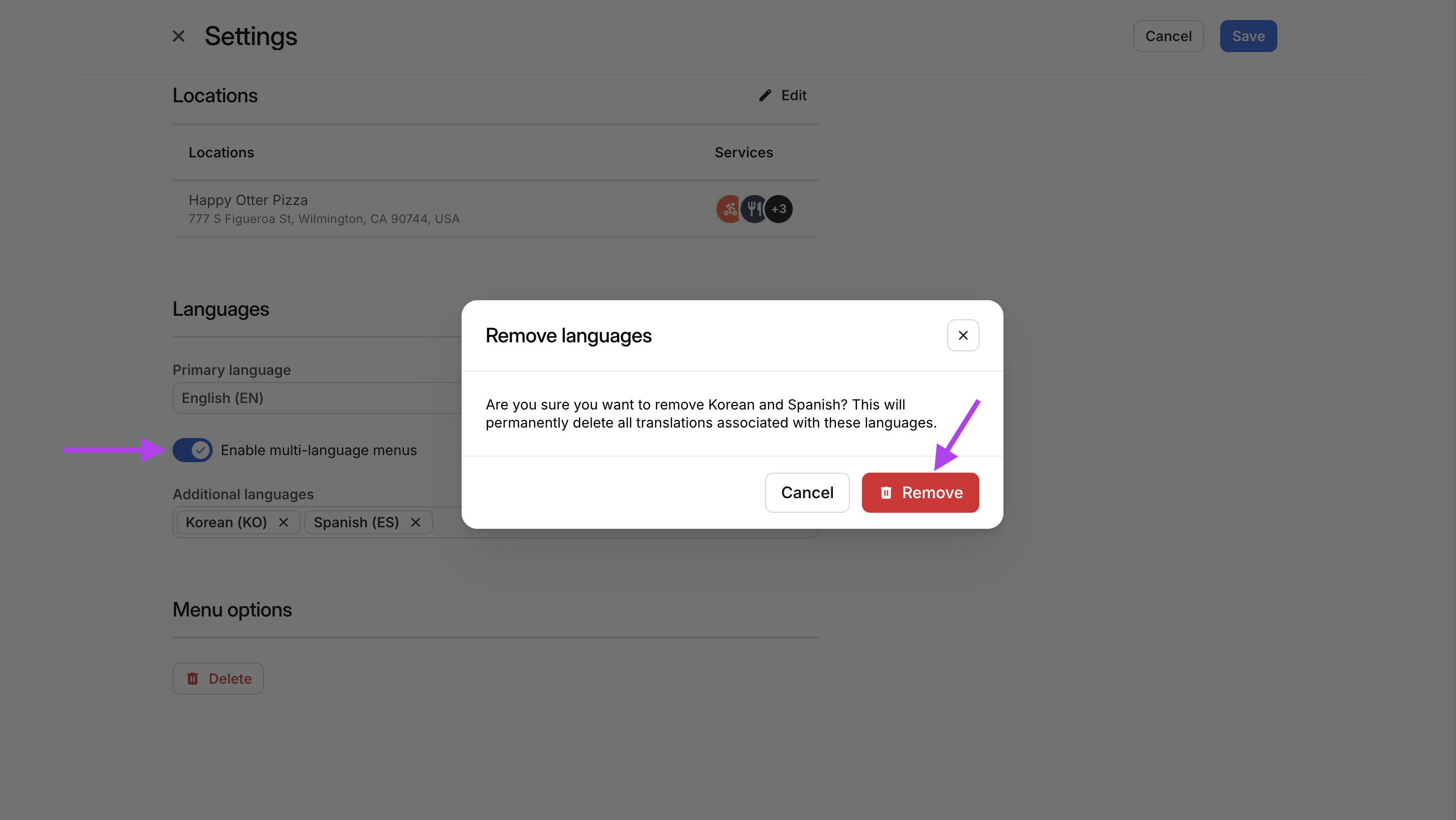 Remove all menu languages