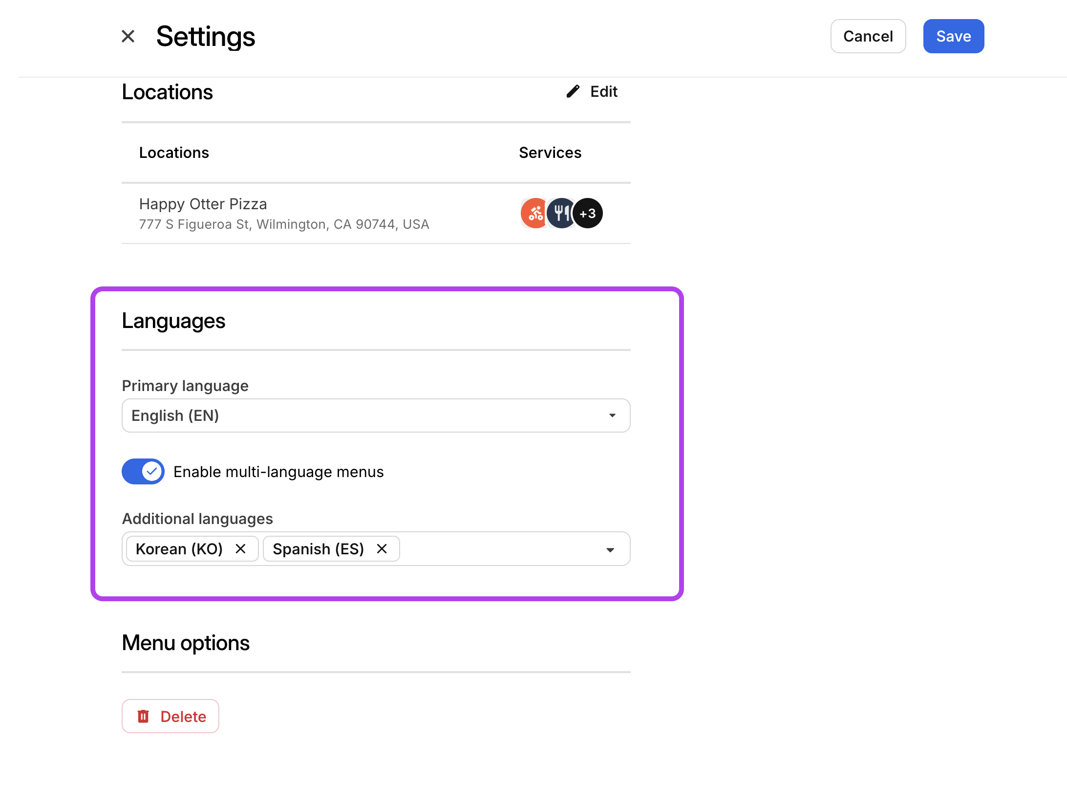 Menu Languages Settings