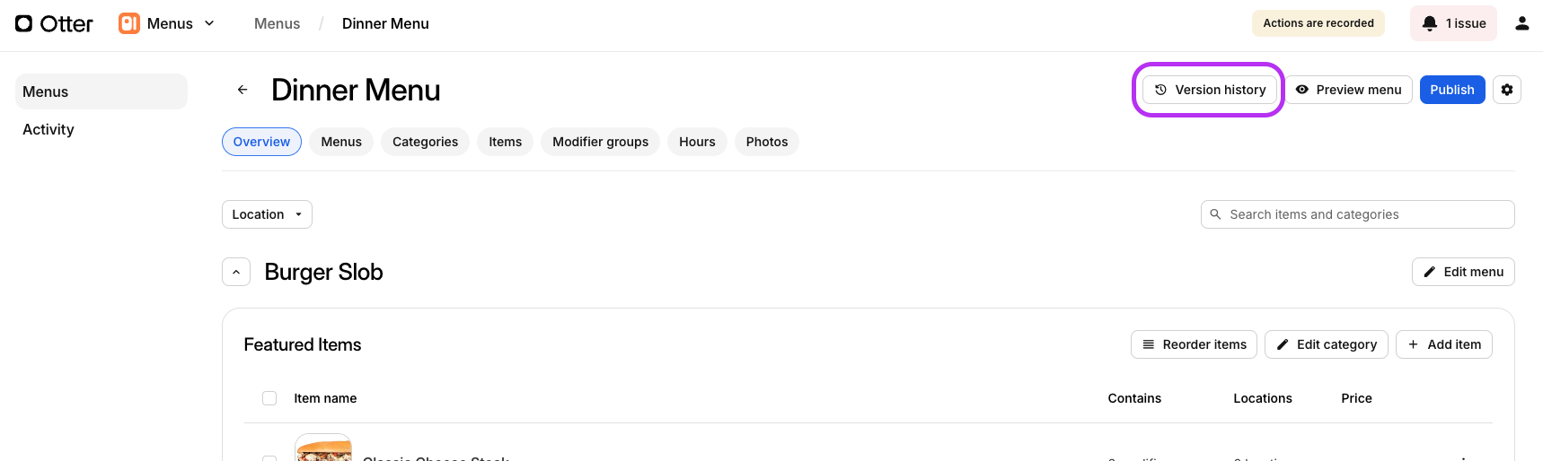 Version History Button