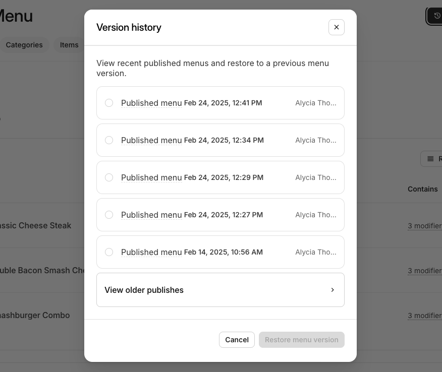 Menu Version History Log