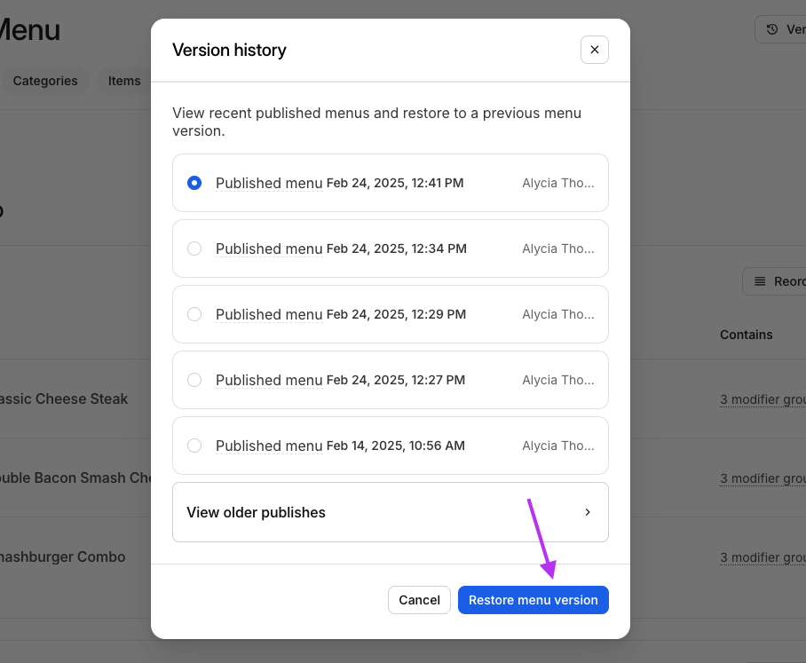 Restore Menu Version Button