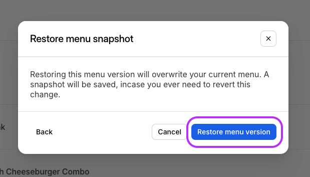 Confirm Restore Menu