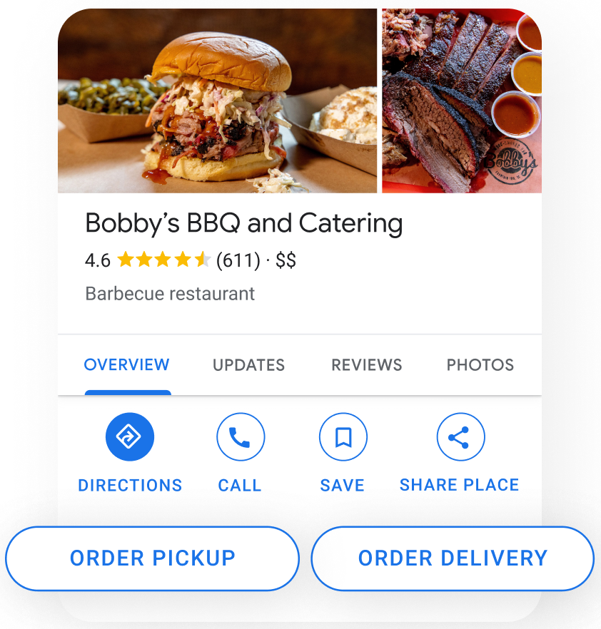 Image of a Business Profile in a mobile device popping out the buttons for order pickup and order delivery