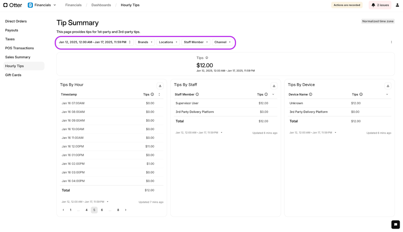 Hourly Tip Report Filters