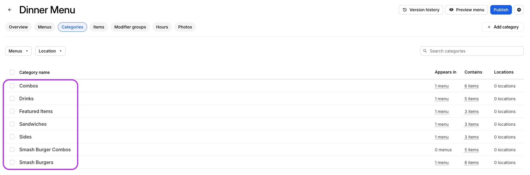 Menu Categories