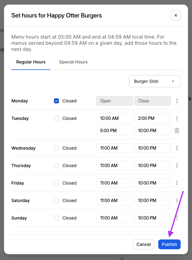 Publish Menu Hours