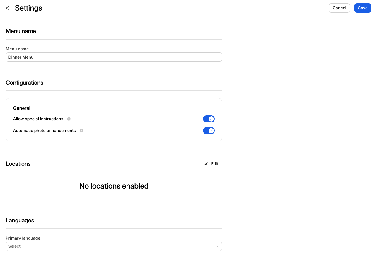 Menu Settings Fields
