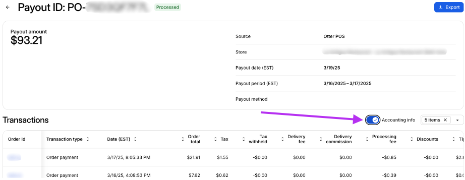 Accounting Info toggle Payouts