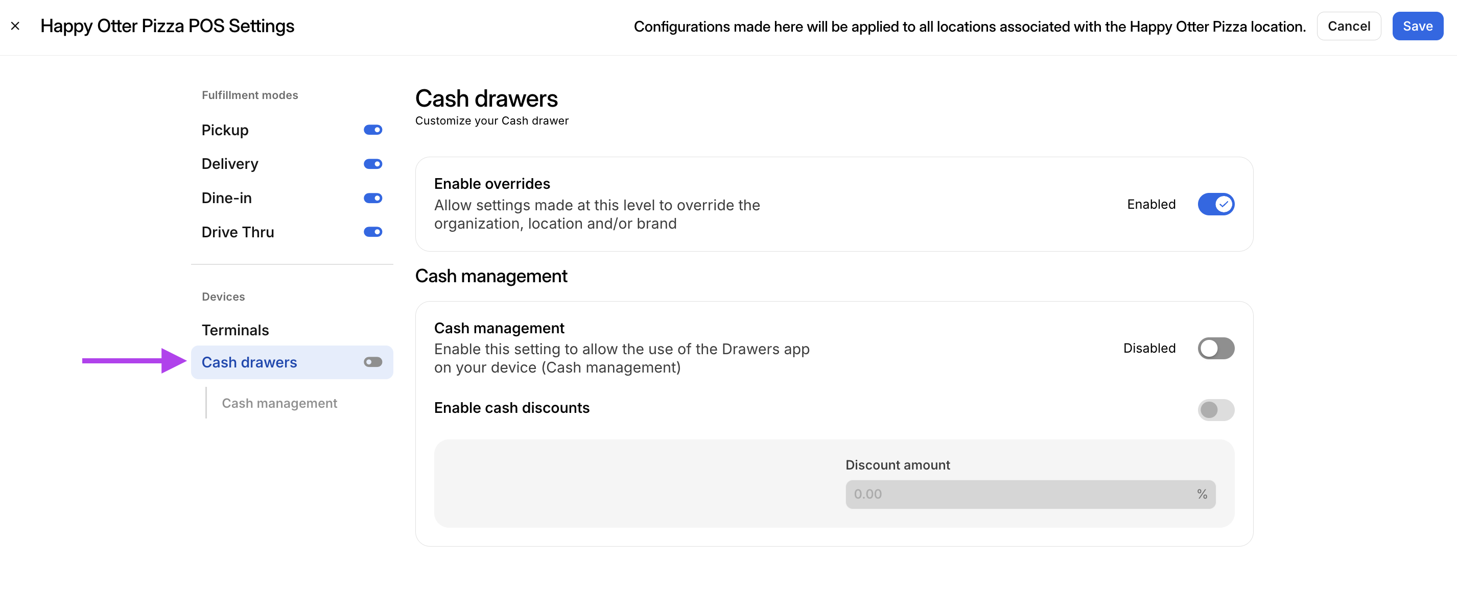 Cash Drawers POS Settings