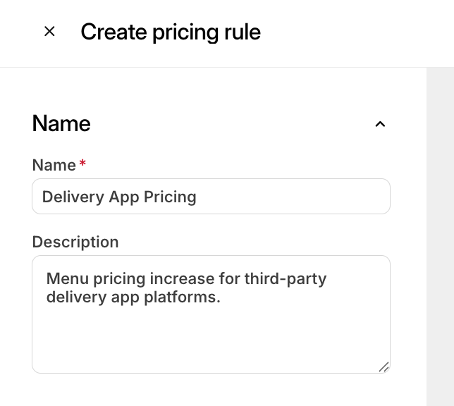 Pricing Rule Name Section
