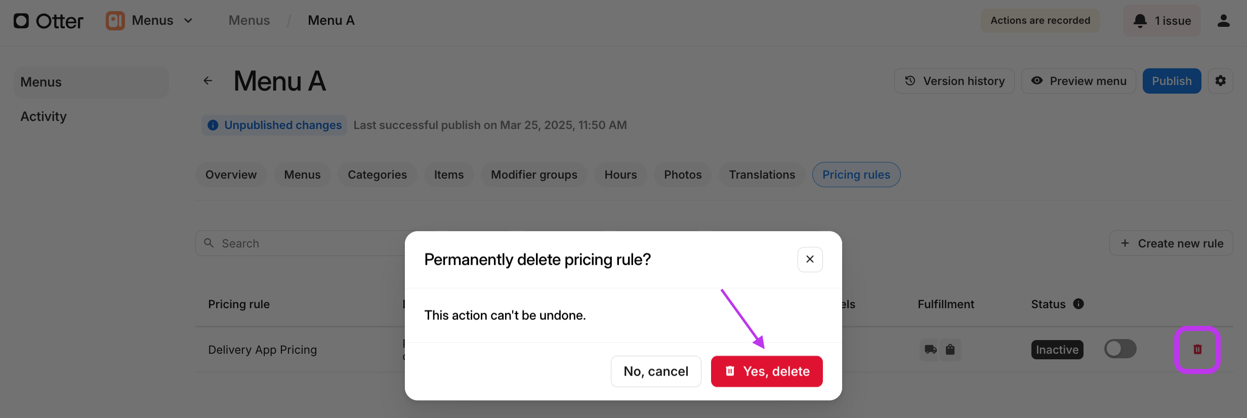 Delete Pricing Rule