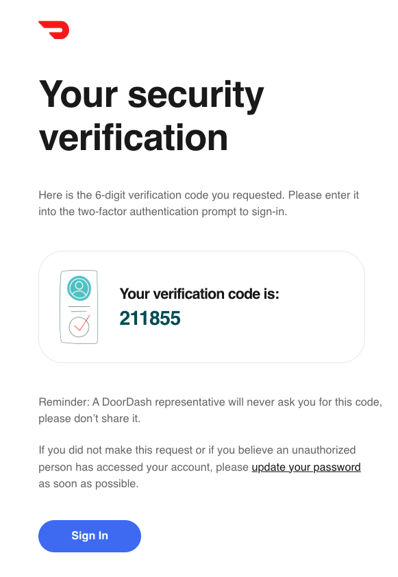 DoorDash 2FA Verification Email