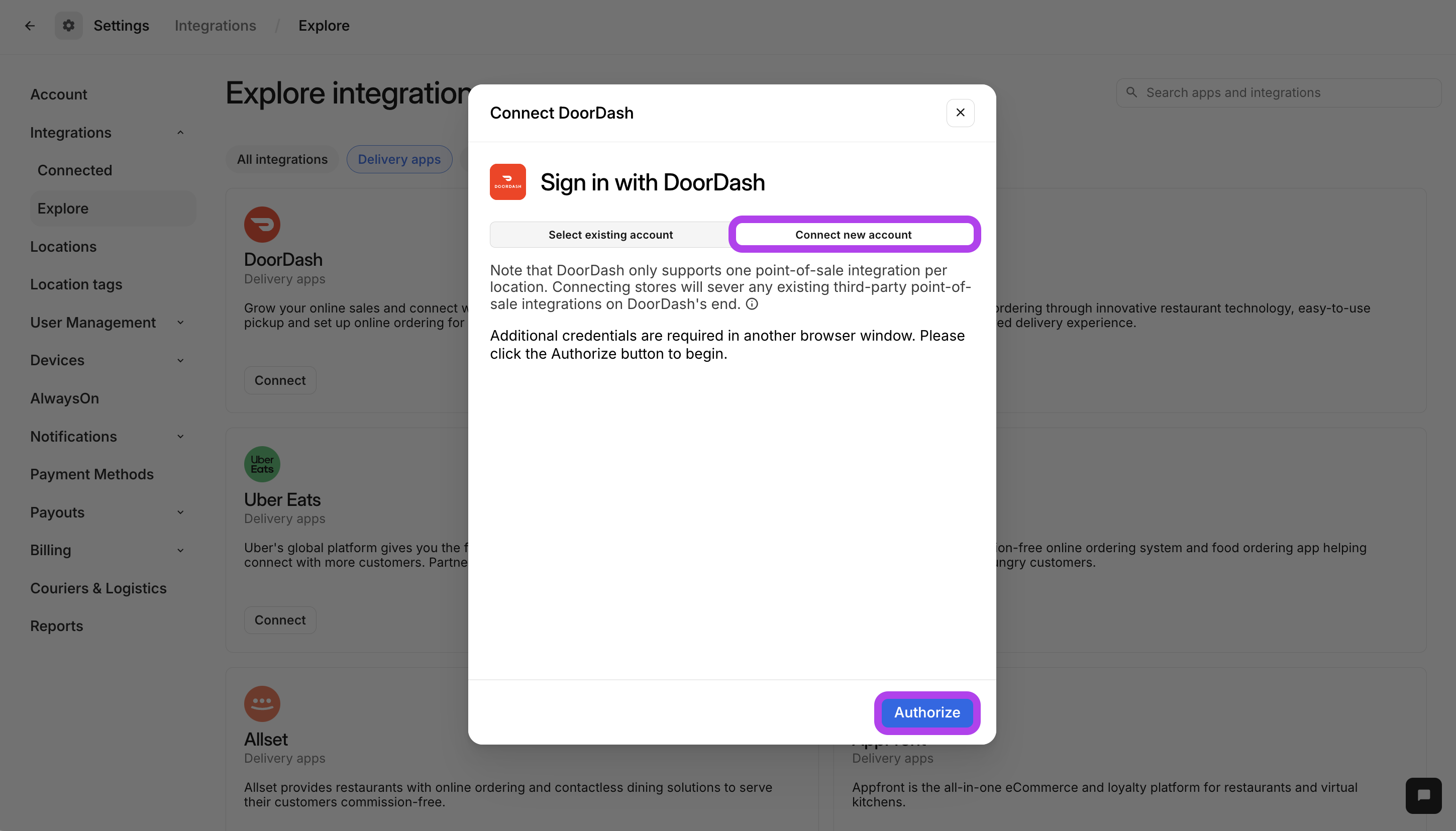 Authorize DoorDash Connection