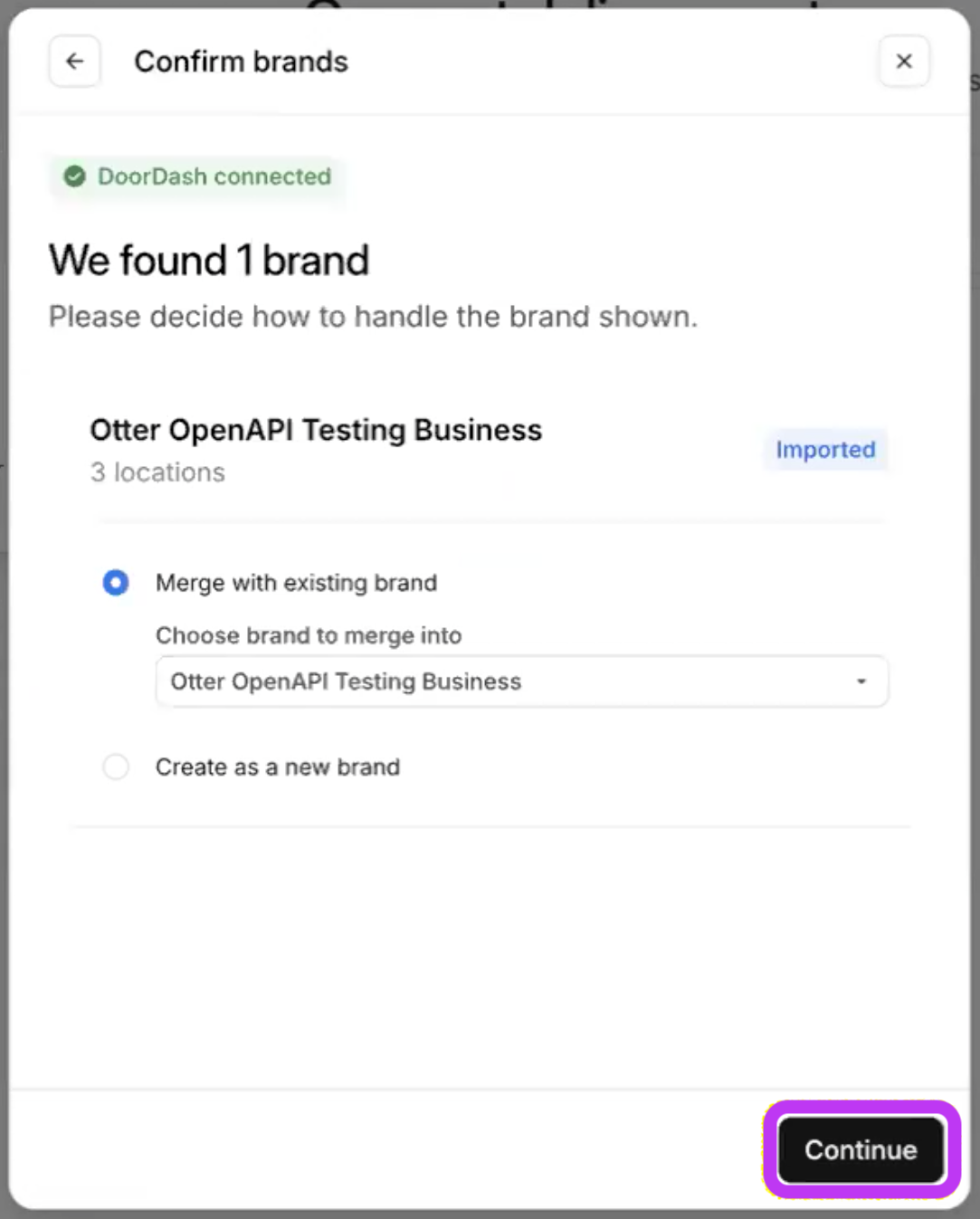 Confirm Brands for DoorDash Connection