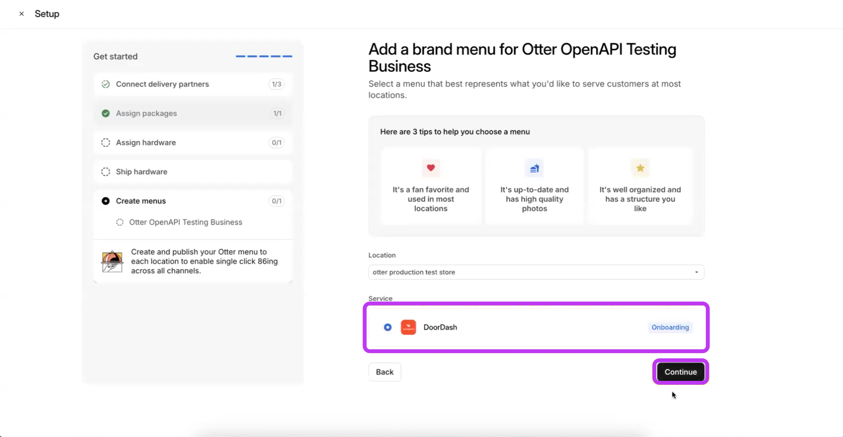 Onboarding DoorDash Menu Location