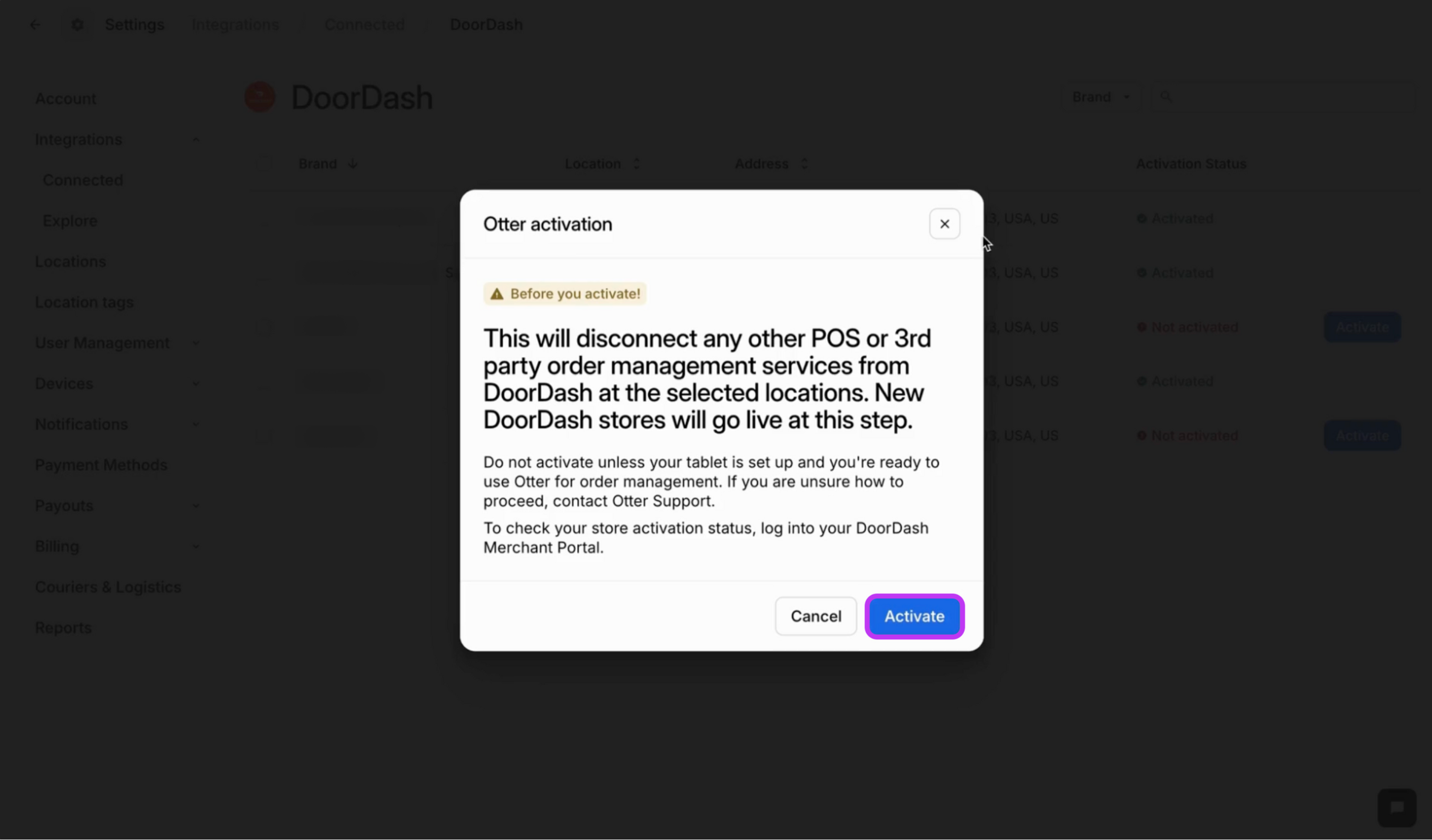 Confirm Otter x DoorDash Activation