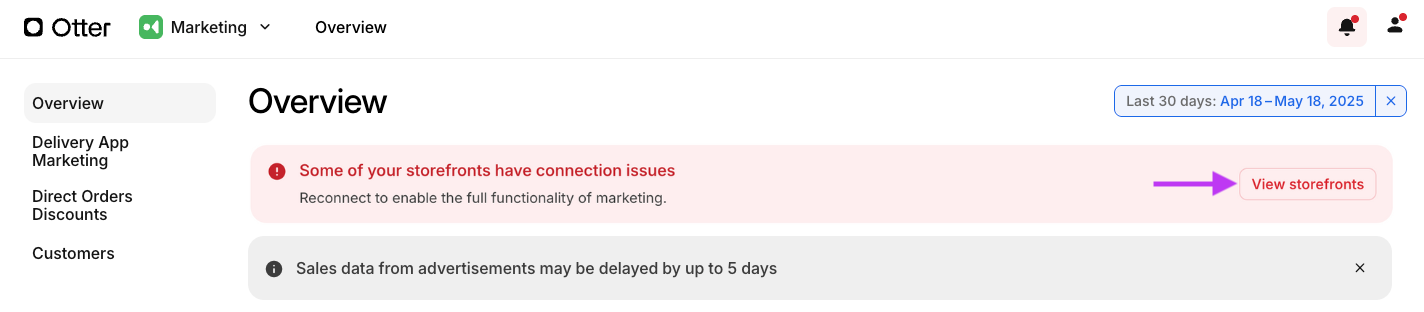 Some of your storefronts have connection issues | Red Banner