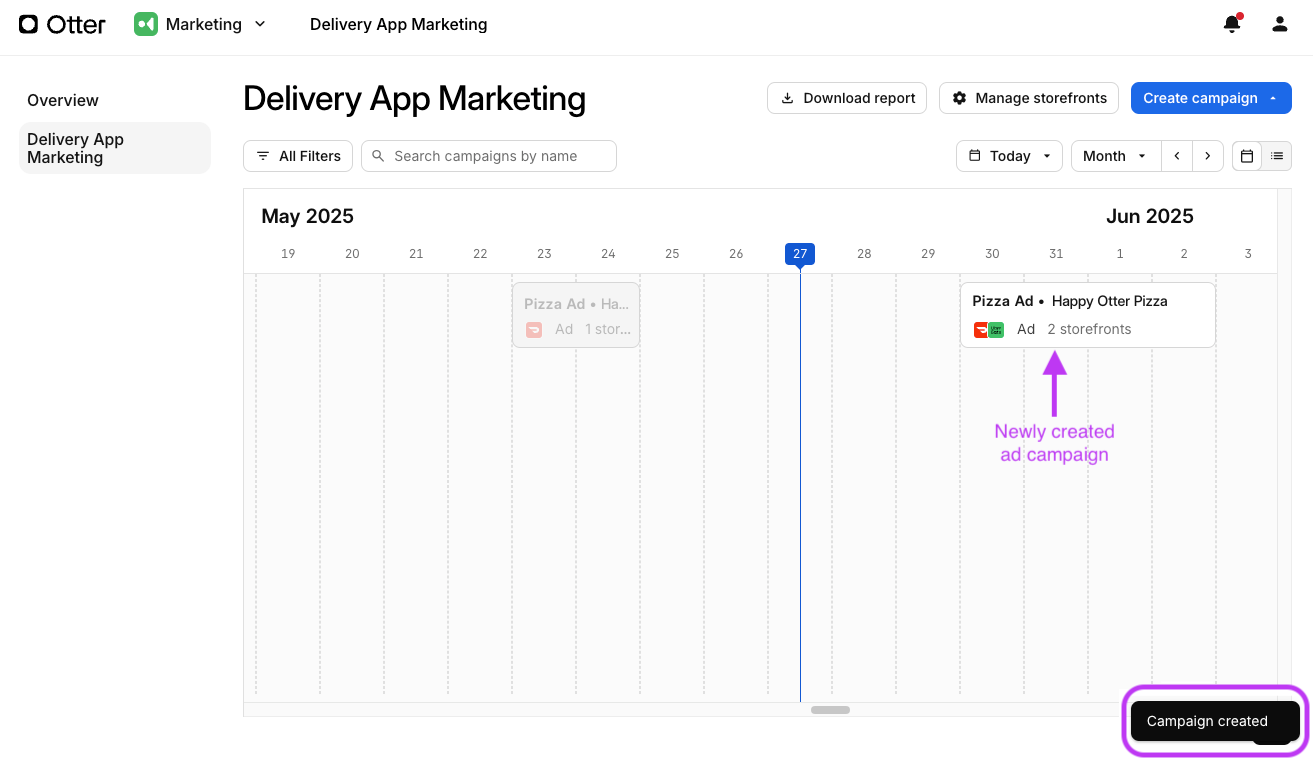 Vue du calendrier Marketing de l'application de livraison