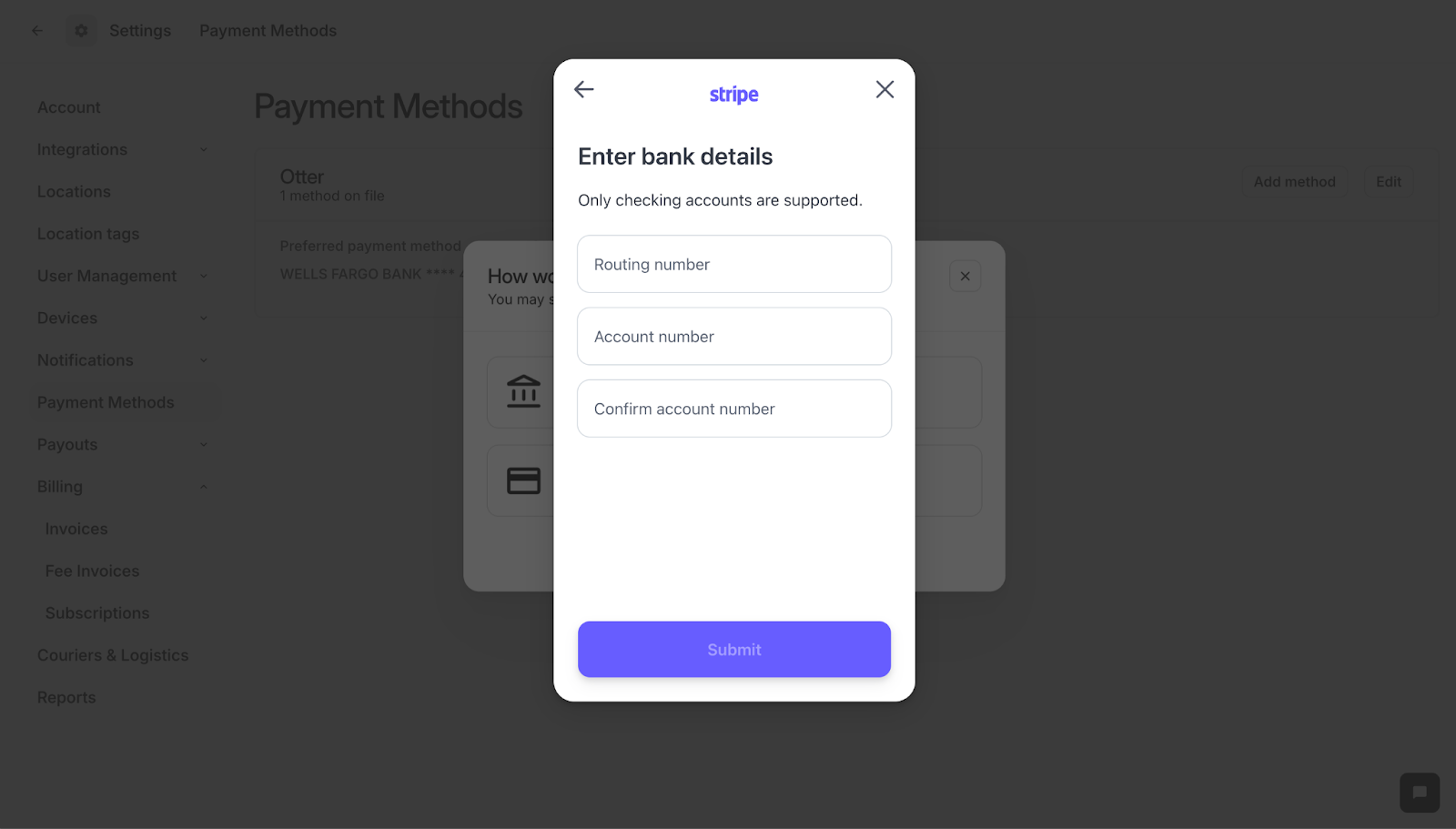 Submit checking account details