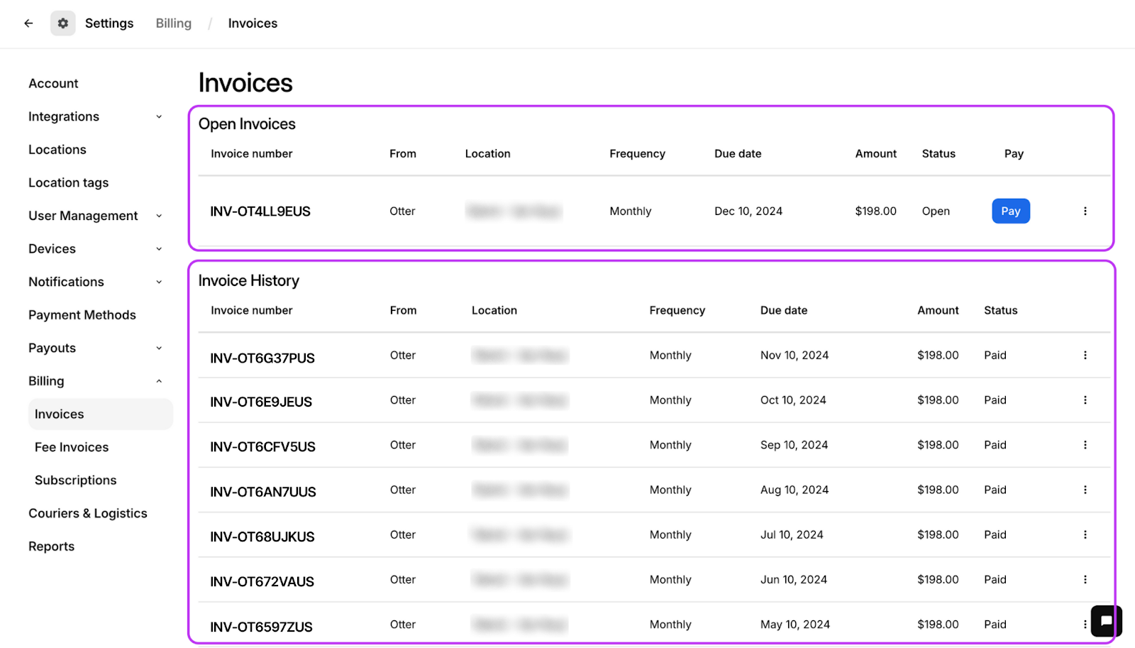 Invoice Sections: Open Invoices and Invoice History